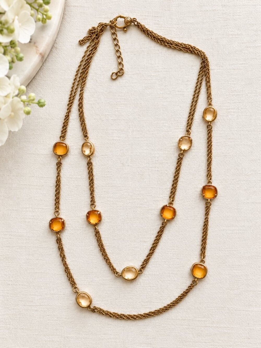 Vintage Monet Layered Gold Tone Necklace Amber Topaz Stones